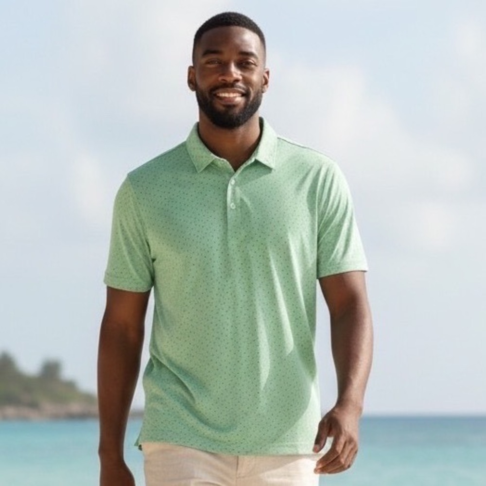 Travis Mathew Men Green Micro Dot Performance Golf Polo Shirt Large Short Sleeve